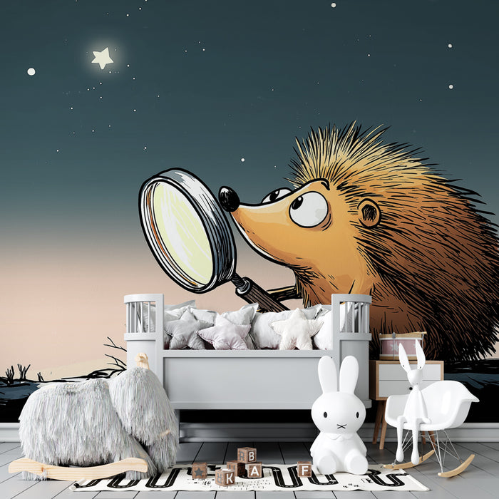 Papel pintado infantil | Erizo curioso bajo las estrellas