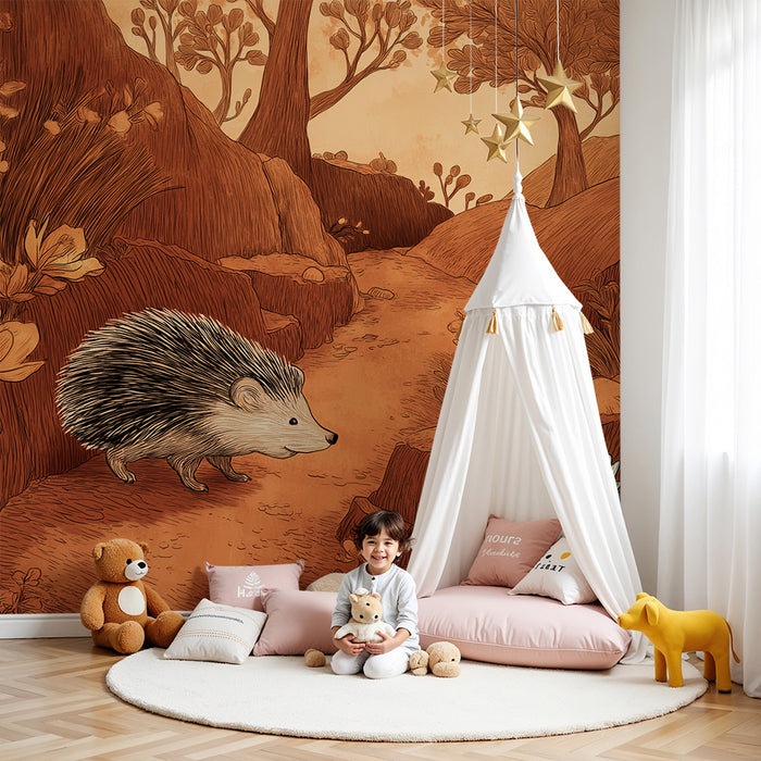 Kinderzimmer Tapete | Igel in einer herbstlichen Landschaft mit zarten Blumen