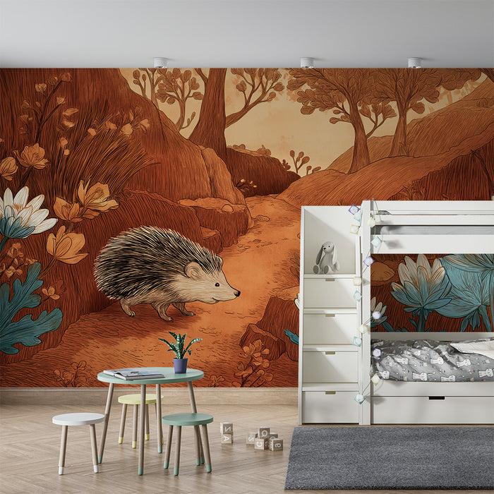 Kinderzimmer Tapete | Igel in einer herbstlichen Landschaft mit zarten Blumen