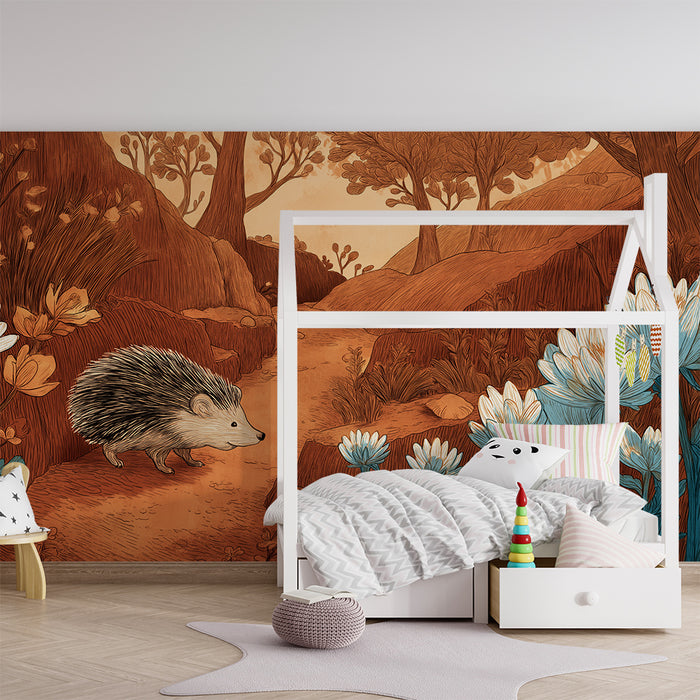 Kinderzimmer Tapete | Igel in einer herbstlichen Landschaft mit zarten Blumen