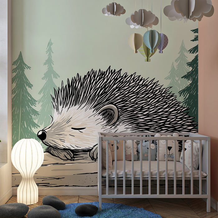 Kinderkamer behang | Slapende egel in het midden van de dennenbomen