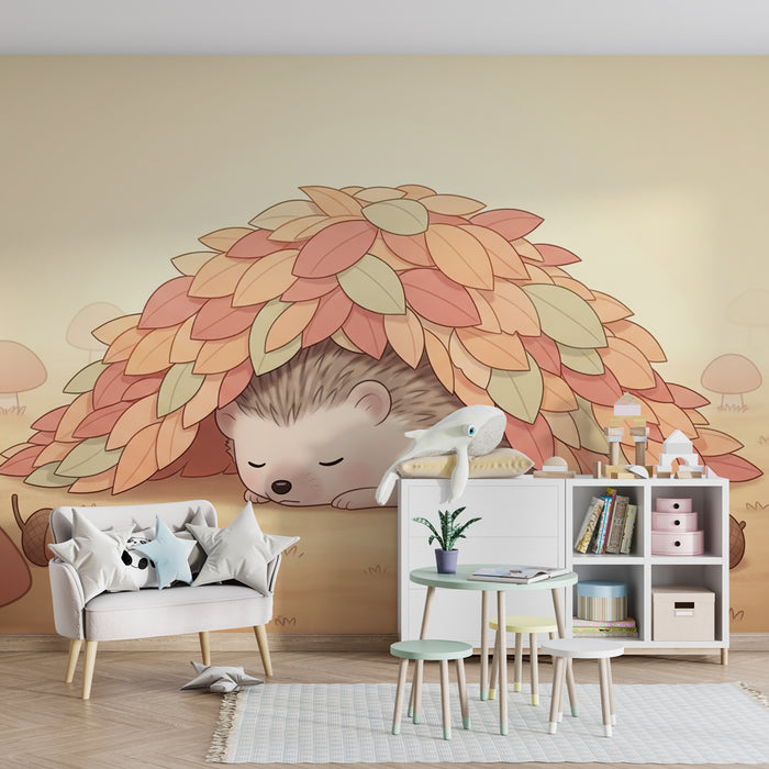 Kinderzimmer Tapete | Schlafender Igel unter seinem Blätterschutz