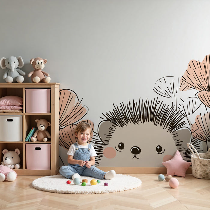 Papier peint chambre enfant | Hérisson et fleurs délicates
