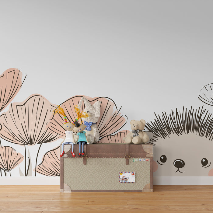 Papier peint chambre enfant | Hérisson et fleurs délicates
