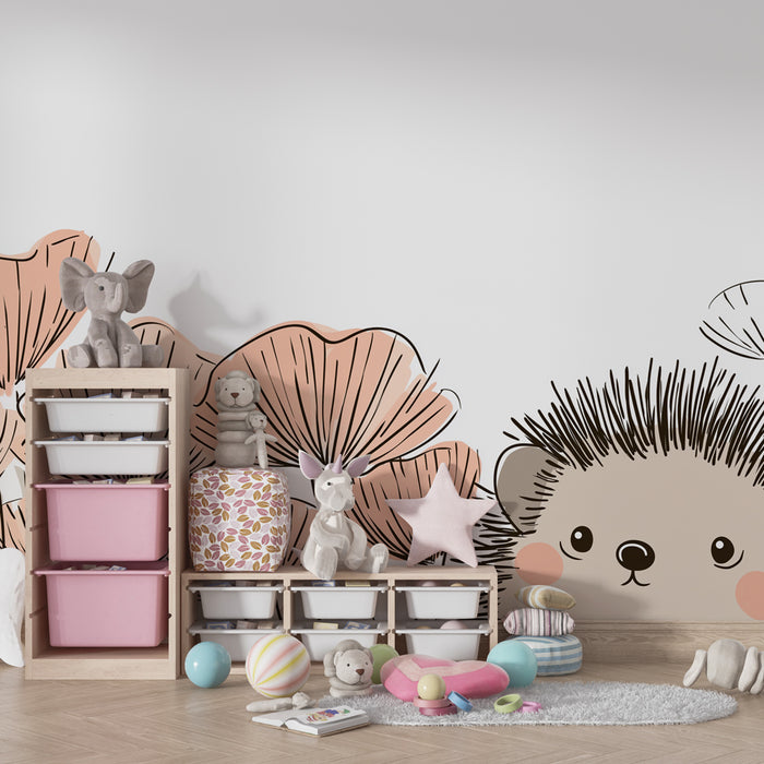 Papier peint chambre enfant | Hérisson et fleurs délicates
