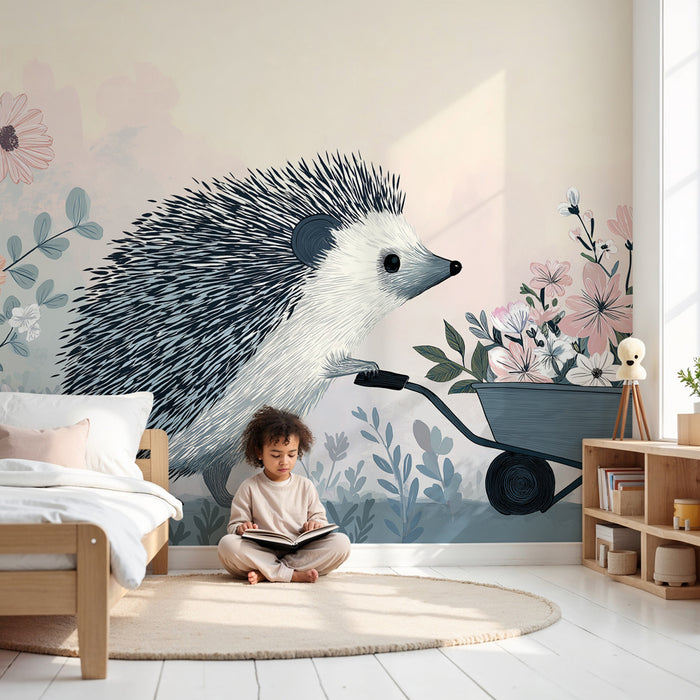 Papel pintado infantil | Erizo y flores pastel