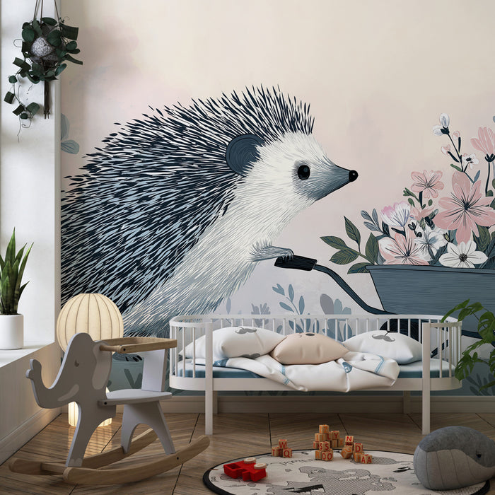 Papel pintado infantil | Erizo y flores pastel