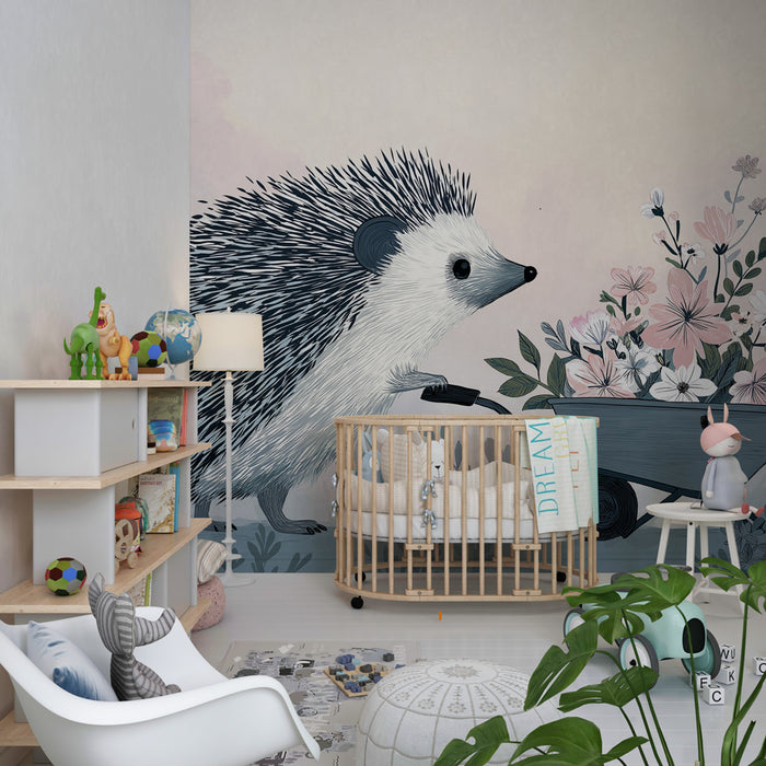 Papel pintado infantil | Erizo y flores pastel