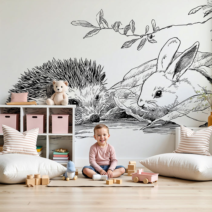 Behang kinderkamer | Egel en konijn in een natuurlijke omgeving