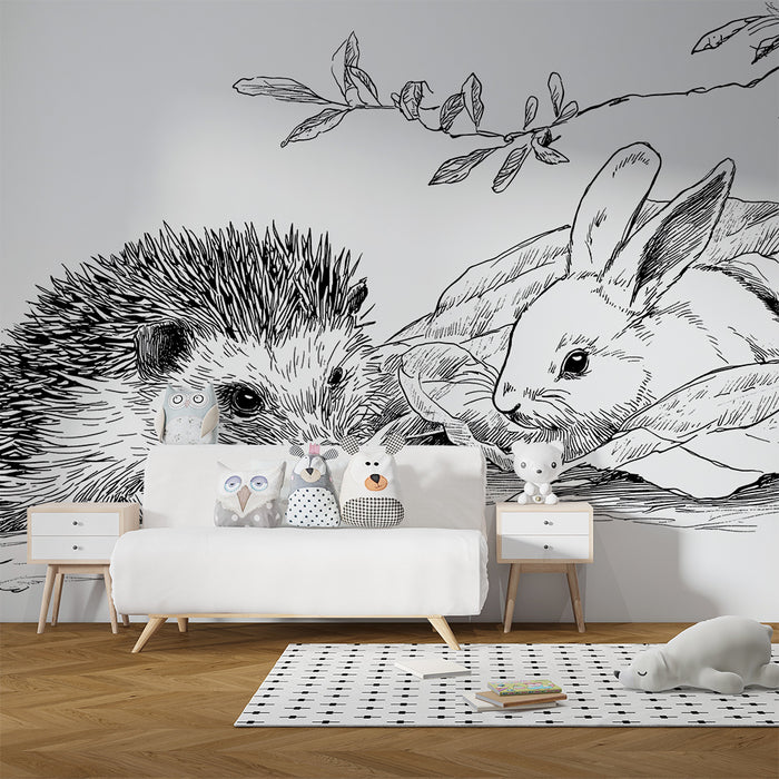 Behang kinderkamer | Egel en konijn in een natuurlijke omgeving