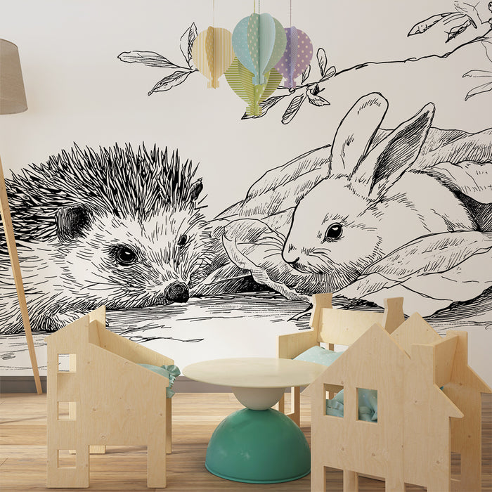 Behang kinderkamer | Egel en konijn in een natuurlijke omgeving