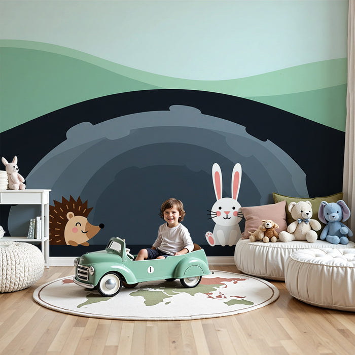 Papier peint chambre enfant | Hérisson et lapin dans un paysage doux
