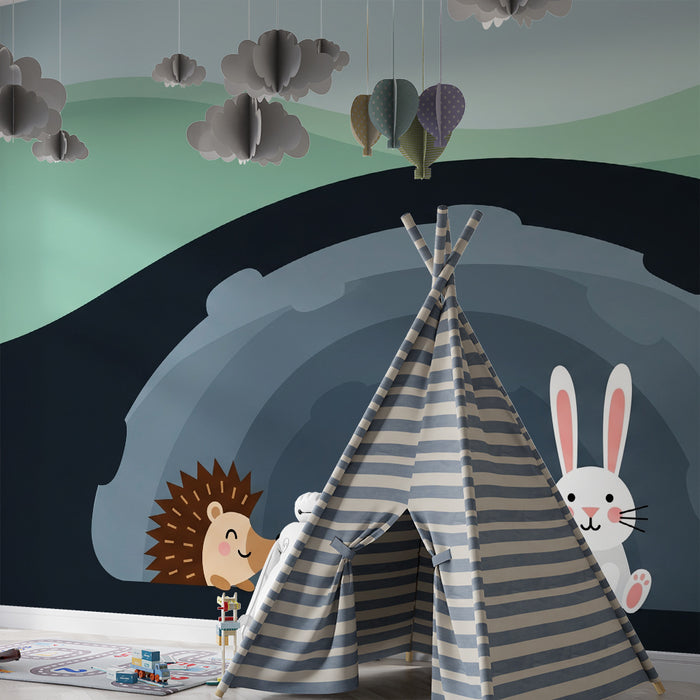 Papier peint chambre enfant | Hérisson et lapin dans un paysage doux