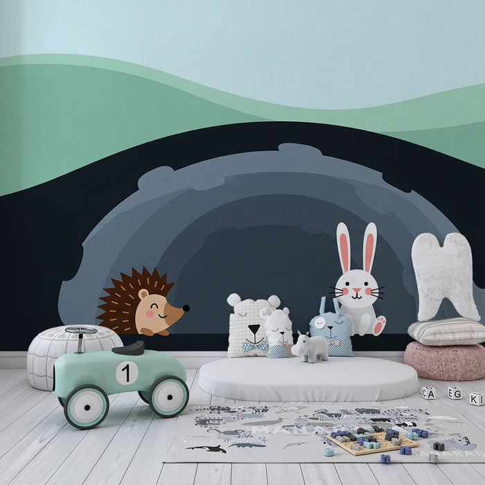 Papier peint chambre enfant | Hérisson et lapin dans un paysage doux