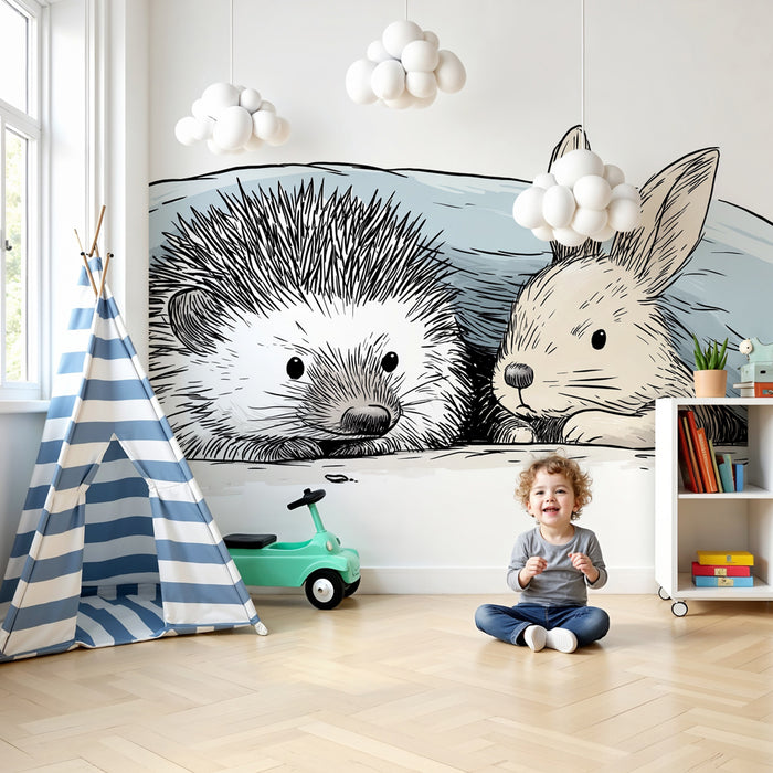 Papel pintado infantil | Erizo y conejo bajo la manta
