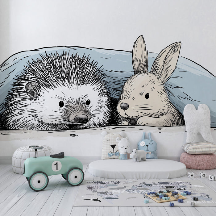 Papel pintado infantil | Erizo y conejo bajo la manta