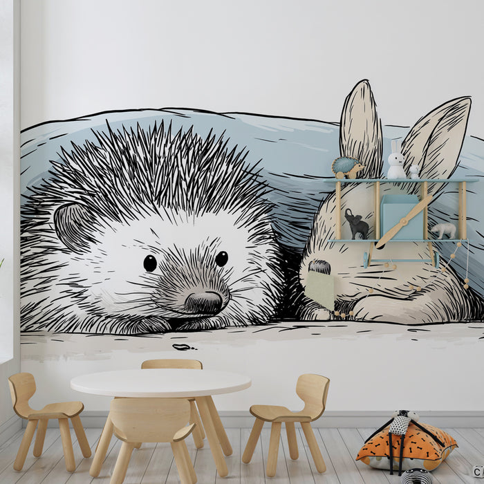 Papel pintado infantil | Erizo y conejo bajo la manta