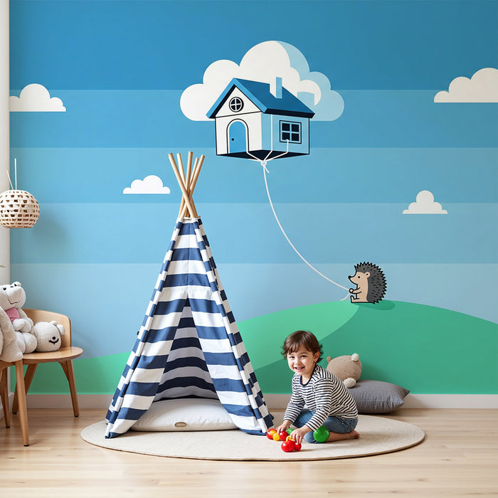 Kinderzimmer Tapete | Igel und schwimmendes Haus am blauen Himmel