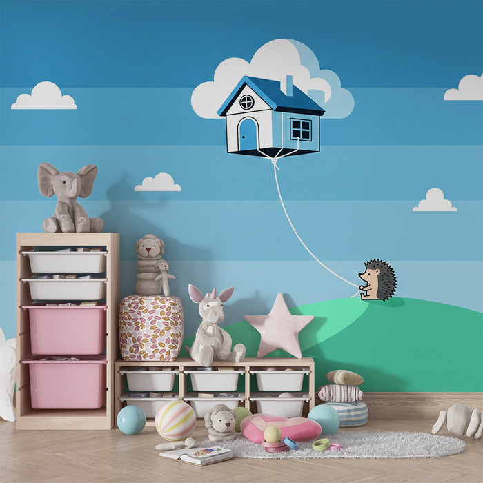 Kinderzimmer Tapete | Igel und schwimmendes Haus am blauen Himmel