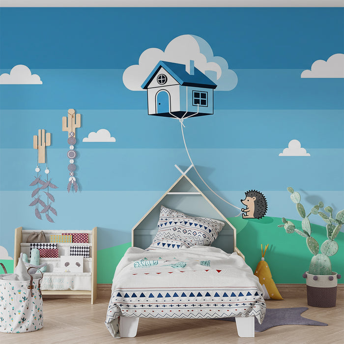 Kinderzimmer Tapete | Igel und schwimmendes Haus am blauen Himmel