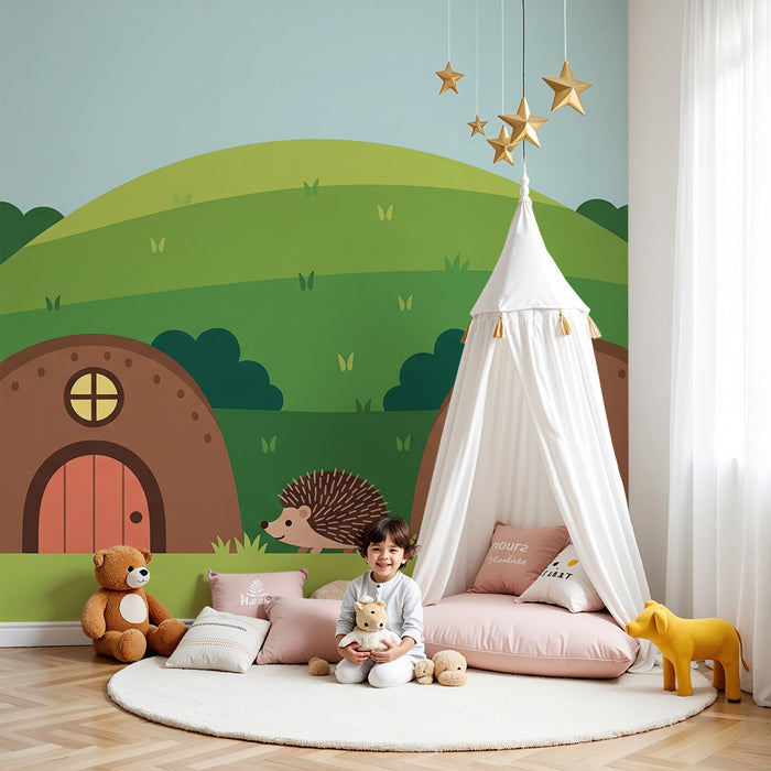 Papel pintado infantil | Erizo y casitas en un paisaje verde