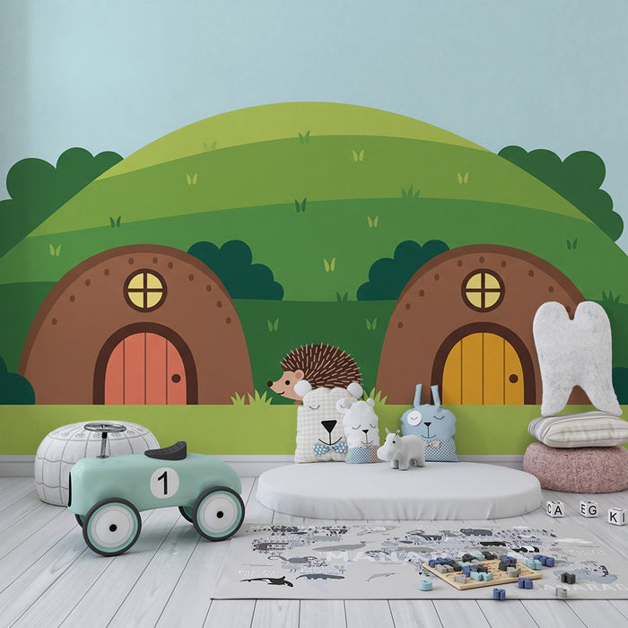 Papel pintado infantil | Erizo y casitas en un paisaje verde