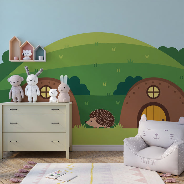 Papel pintado infantil | Erizo y casitas en un paisaje verde
