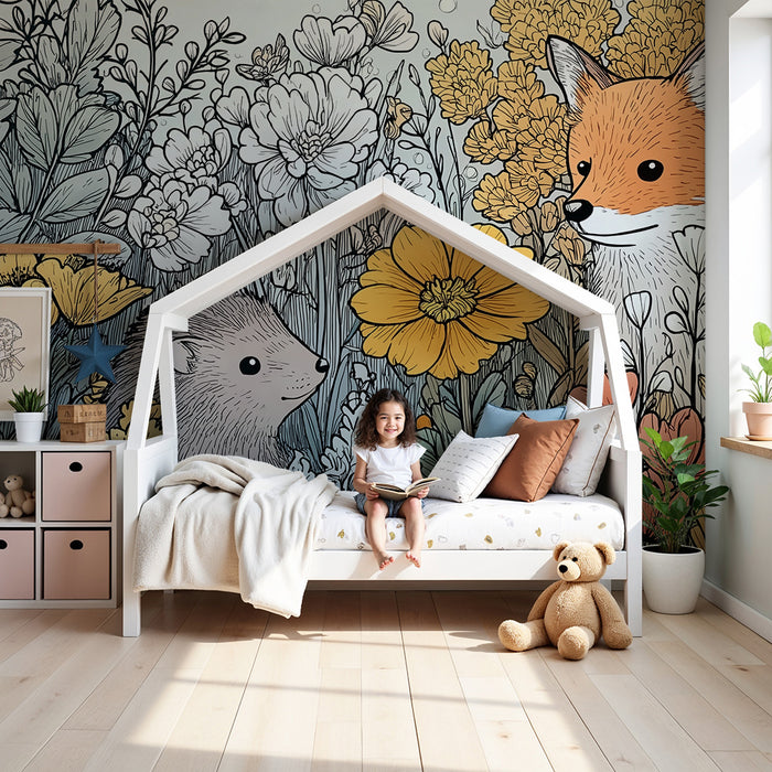 Tapet barnerom | Pinnsvin og rev blant fargerike blomster