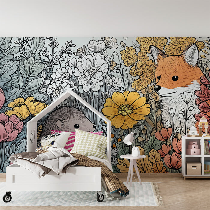 Tapet barnerom | Pinnsvin og rev blant fargerike blomster