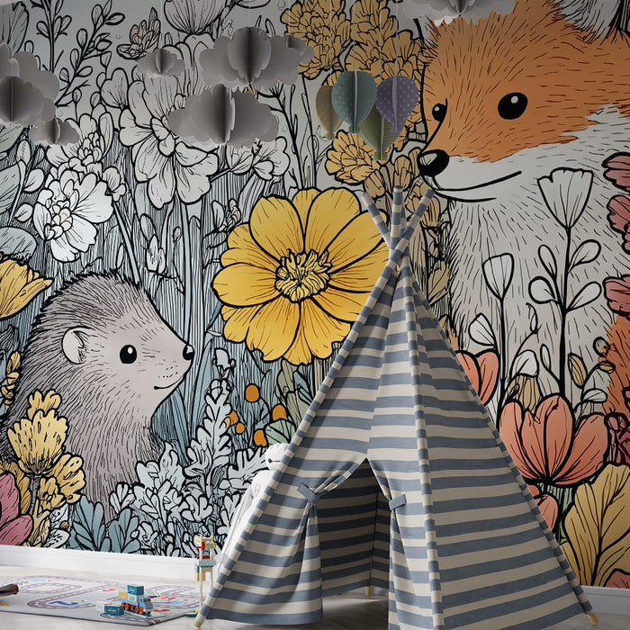 Tapet barnerom | Pinnsvin og rev blant fargerike blomster