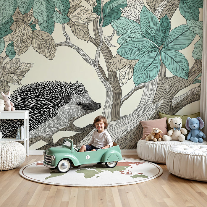 Kids room wallpaper | Hedgehog explorer among delicate foliage