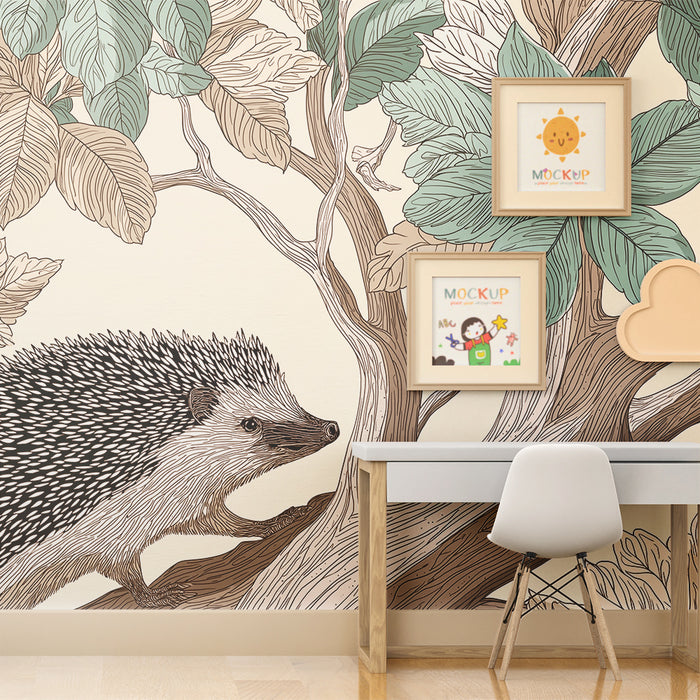 Kids room wallpaper | Hedgehog explorer among delicate foliage