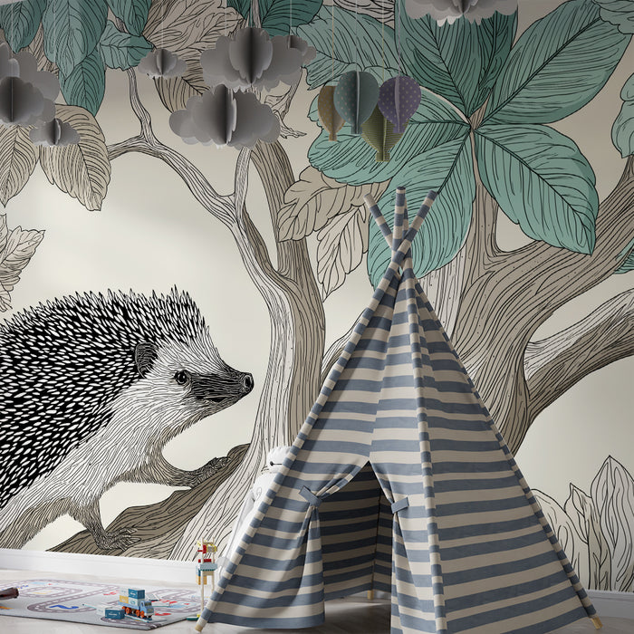 Kids room wallpaper | Hedgehog explorer among delicate foliage