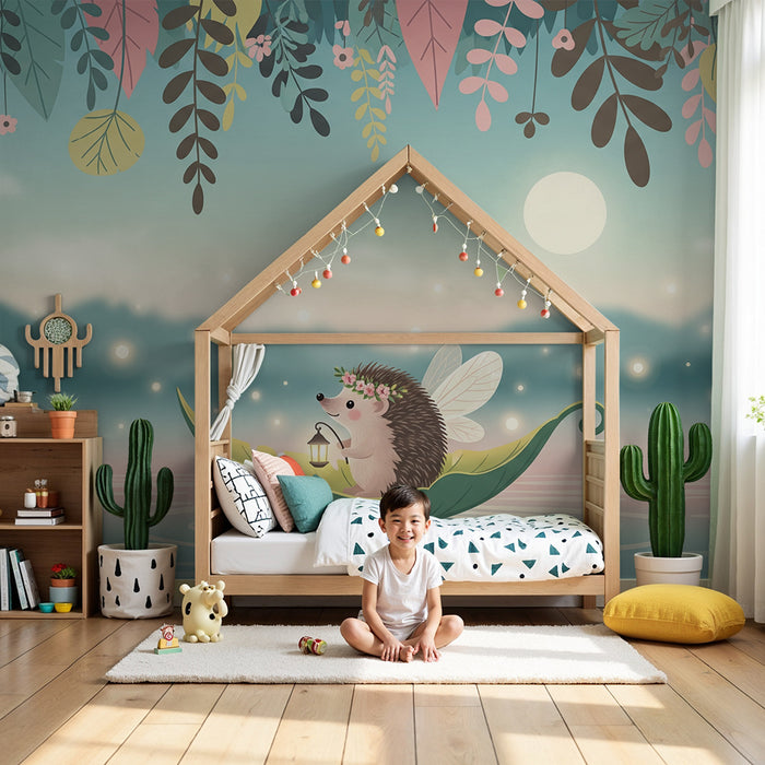 Papier peint chambre enfant | Hérisson féerique naviguant sur un lac enchanté