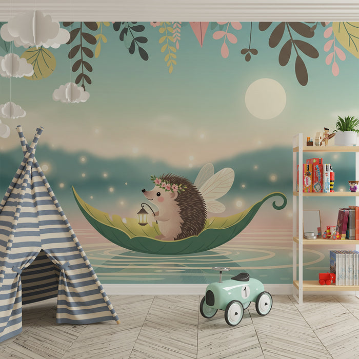 Papier peint chambre enfant | Hérisson féerique naviguant sur un lac enchanté
