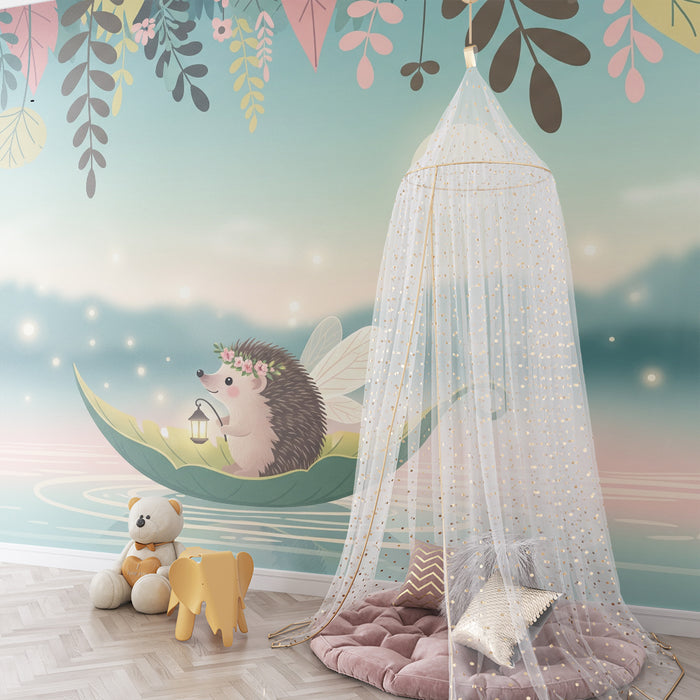Papier peint chambre enfant | Hérisson féerique naviguant sur un lac enchanté