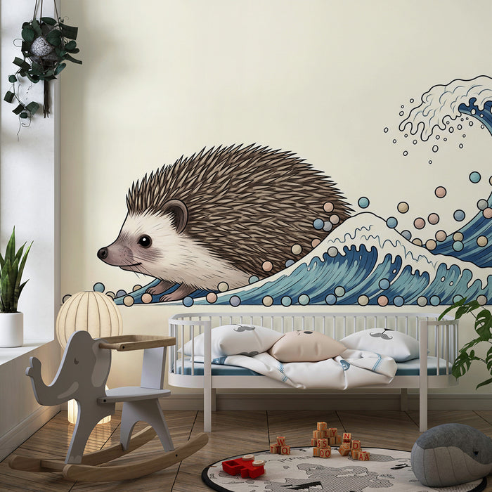 Kinderkamer behang | Spelende egel aan de rand van kleurrijke golven