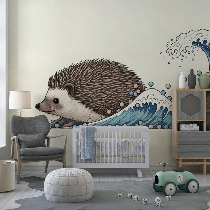 Kinderkamer behang | Spelende egel aan de rand van kleurrijke golven