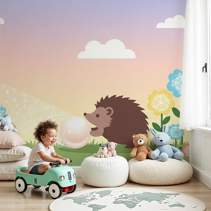 Kinderzimmer Tapete | Spielender Igel inmitten bunter Blumen