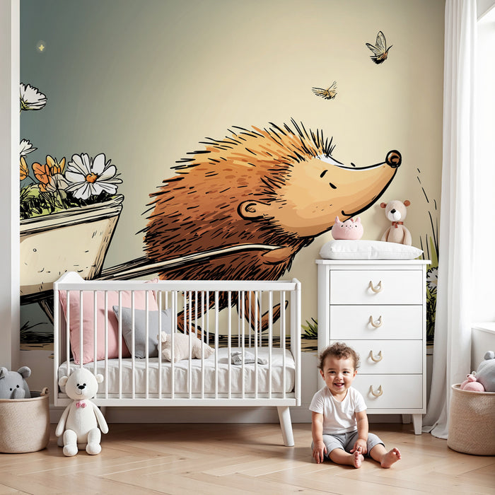 Tapet barnerom | Glad pinnsvin og blomsterhage