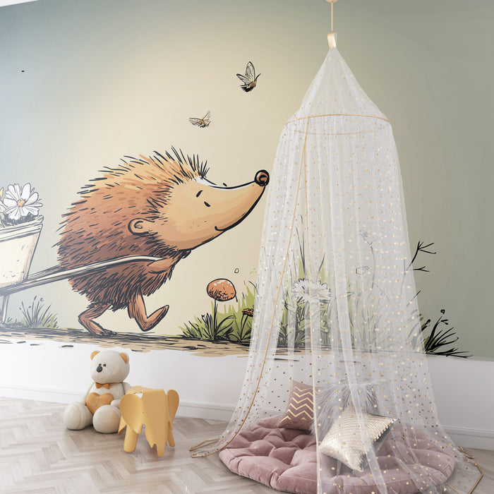 Tapet barnerom | Glad pinnsvin og blomsterhage