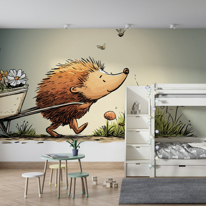 Tapet barnerom | Glad pinnsvin og blomsterhage