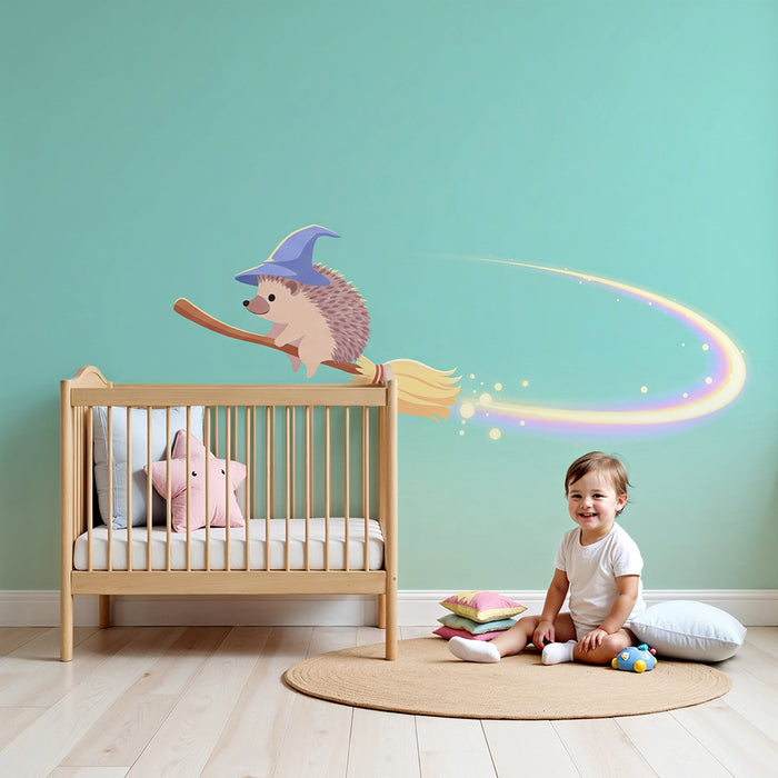 Papier peint chambre enfant | Hérisson magique sur un balai volant