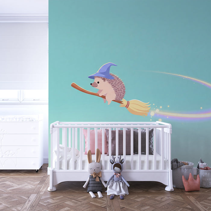 Papier peint chambre enfant | Hérisson magique sur un balai volant