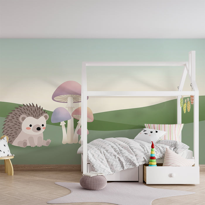 Kinderzimmer Tapete | Niedlicher Igel und pastellfarbene Pilze in einer sanften Landschaft
