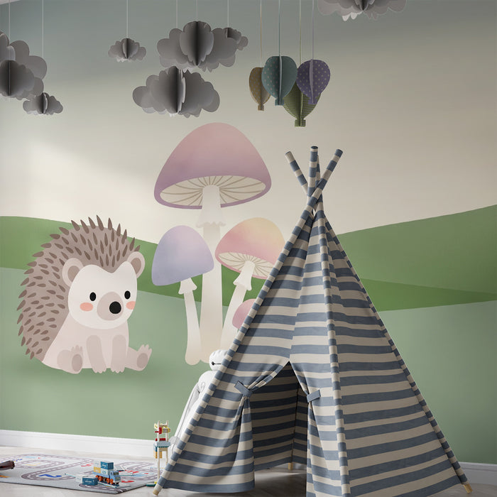 Kinderzimmer Tapete | Niedlicher Igel und pastellfarbene Pilze in einer sanften Landschaft
