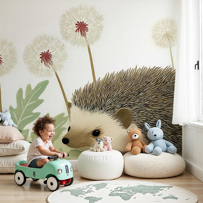 Papier peint chambre enfant | Hérisson mignon et fleurs de pissenlit dans un jardin paisible