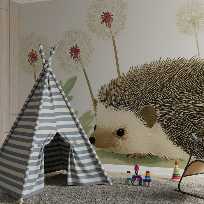Papier peint chambre enfant | Hérisson mignon et fleurs de pissenlit dans un jardin paisible