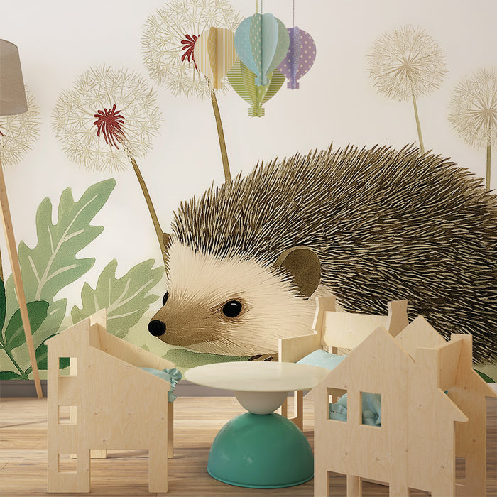 Papier peint chambre enfant | Hérisson mignon et fleurs de pissenlit dans un jardin paisible