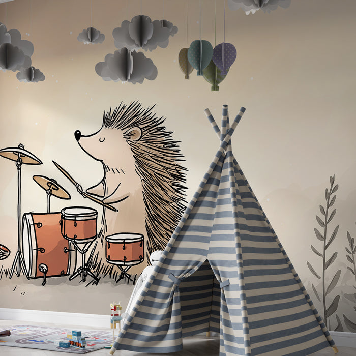 Papier peint chambre enfant | Hérisson musicien dans la nature
